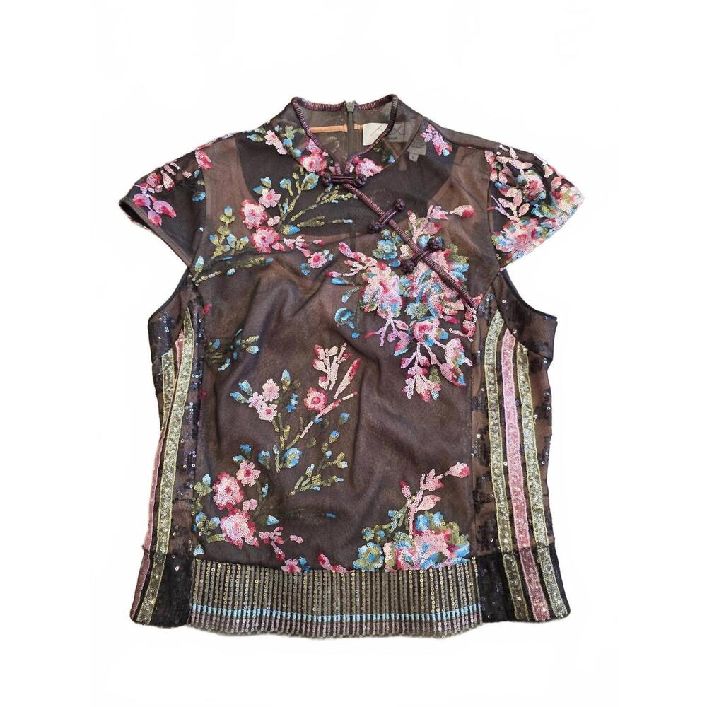 NEW BYRON LARS women's chinese inspired cap sleeve top in brown/pink